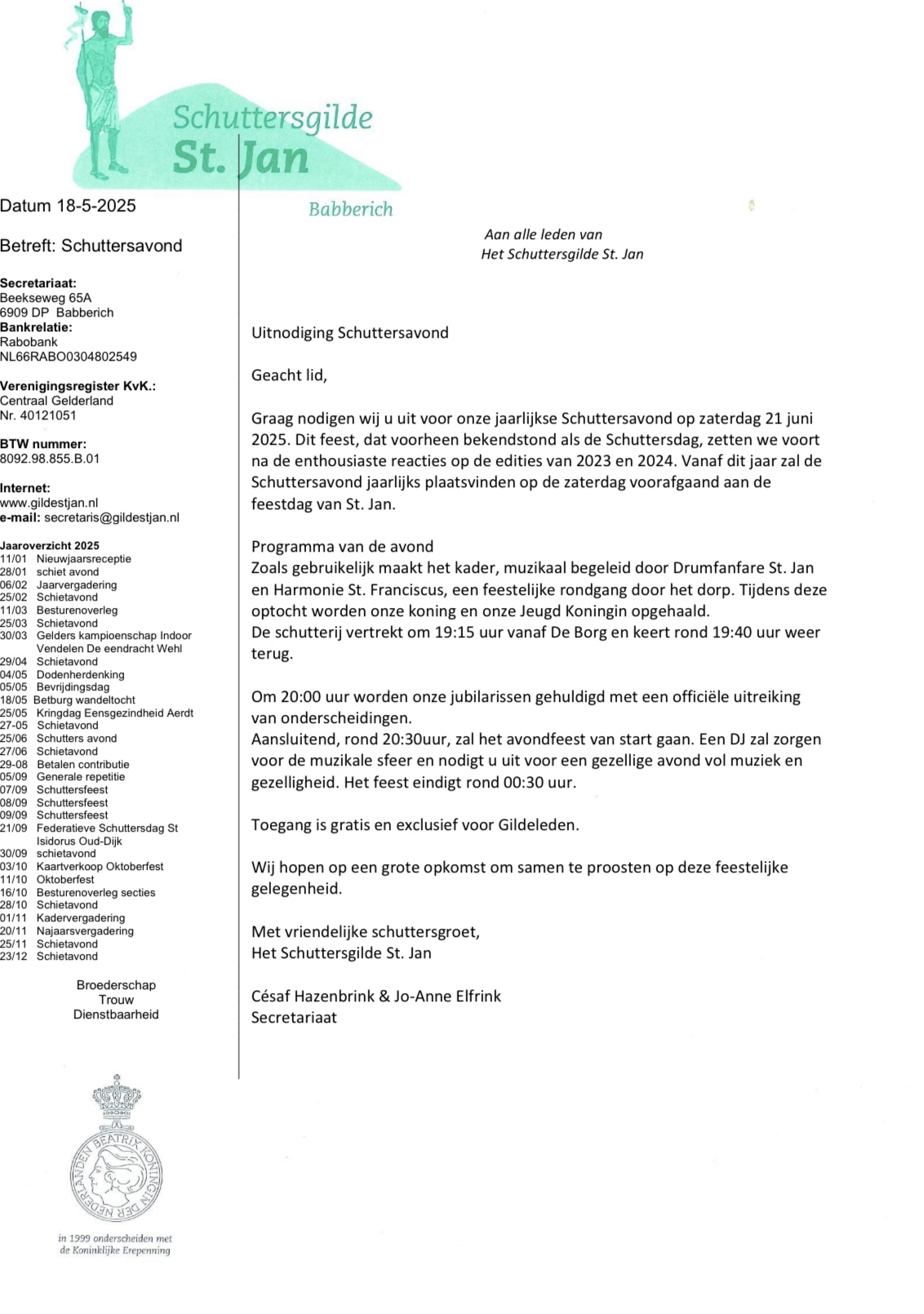 Uitnodiging Schuttersavond | zaterdag 21 juni 2025